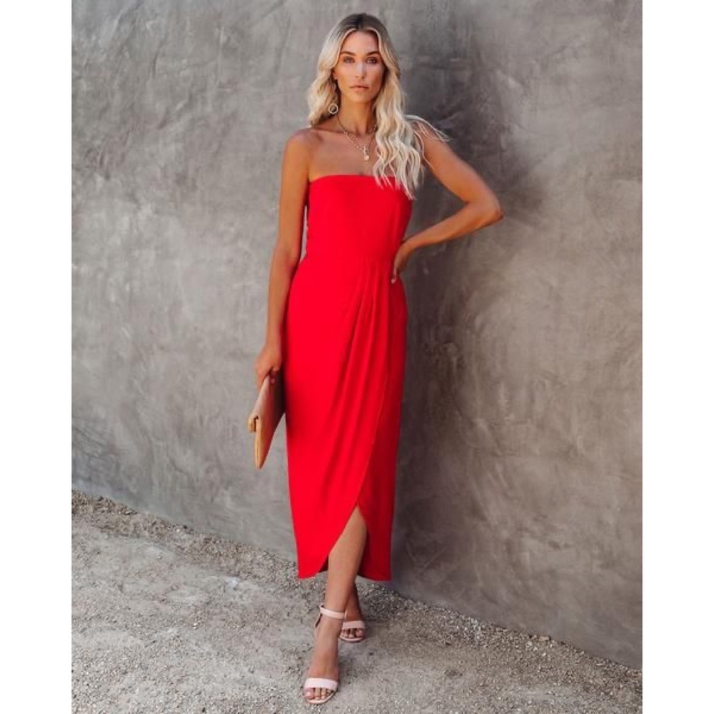 Vici “Aglow” Strapless Draped Midi Dress in Red